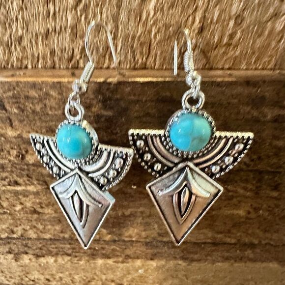 Boho Hippie Vintage Arrow Dangle Wire Earrings, Turquoise Stone, Gift Box - Picture 2 of 12
